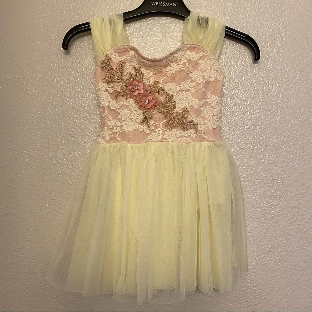 Weissman Dance costume mesh ivory white pink lace dress Halo 12754 Child SC 6